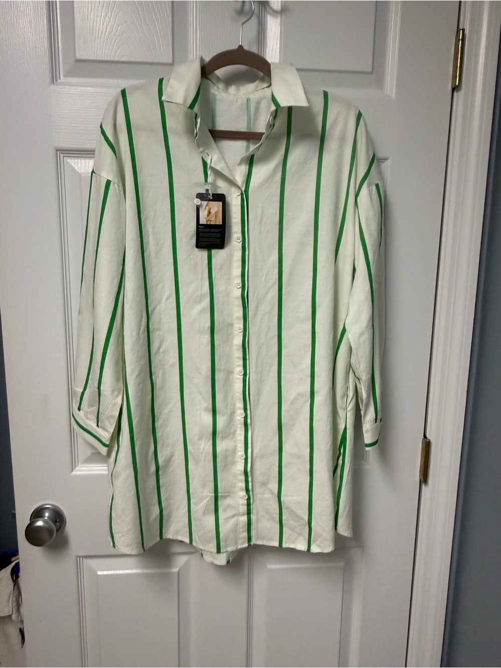 White Midi Shirt Dress with Green Vertical Stripes - Women